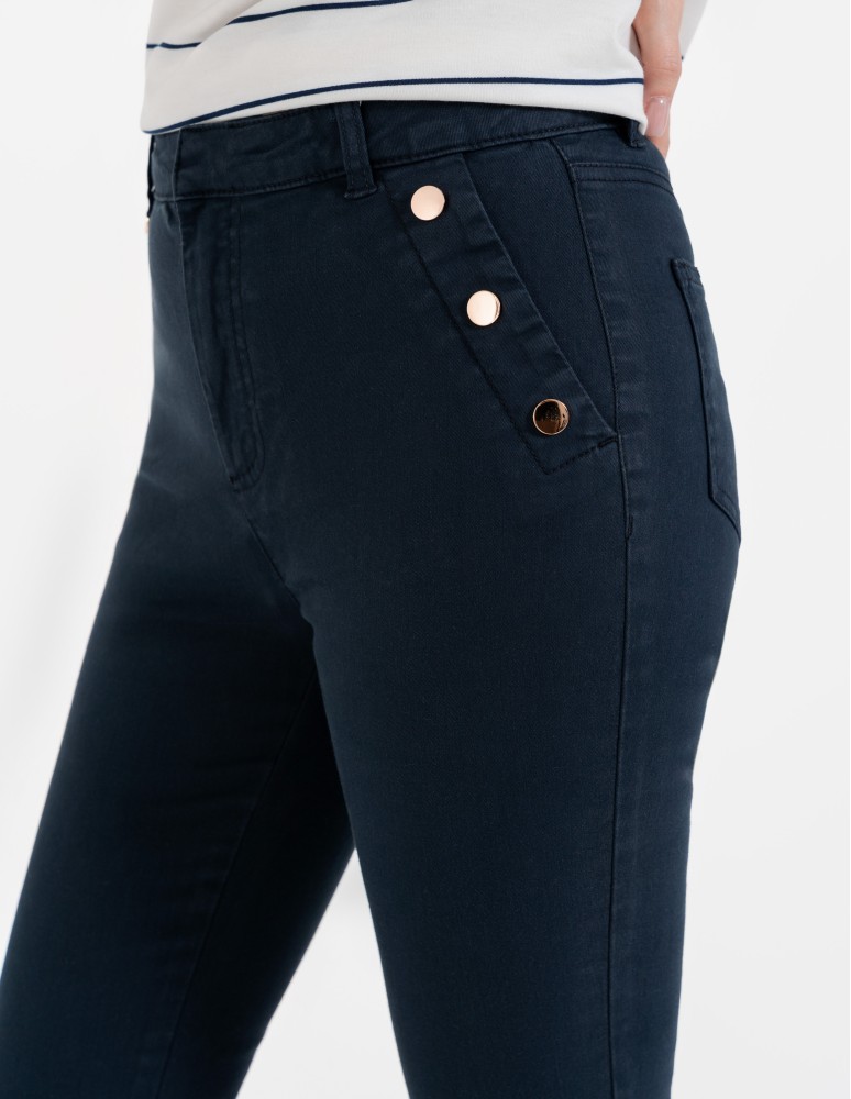 Spodnie damskie - Spodnie damskie z wysokim stanem i złotymi guzikami NIEBIESKI - produkt moraj.pl 5