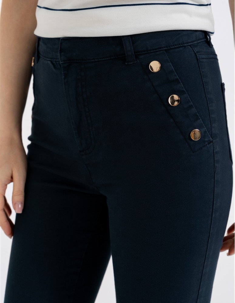 Spodnie damskie - Spodnie damskie z wysokim stanem i złotymi guzikami NIEBIESKI - produkt moraj.pl 2