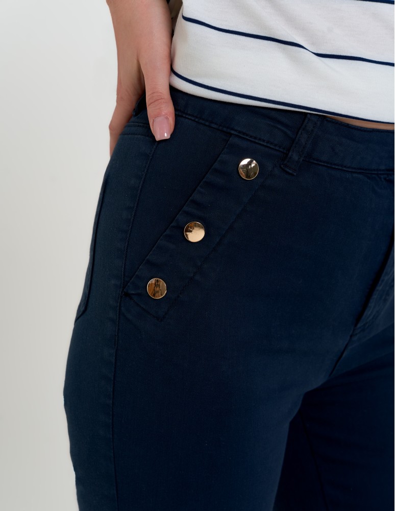 Spodnie damskie - Spodnie damskie z wysokim stanem i złotymi guzikami NIEBIESKI - produkt moraj.pl 8