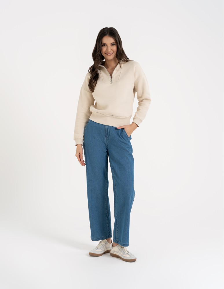 Bluzy damskie - Damska bluza dresowa ze stójką i zamkiem ocieplana BEŻOWY  - produkt moraj.pl 9