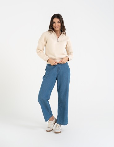 Bluzy damskie - Damska bluza dresowa ze stójką i zamkiem ocieplana BEŻOWY - produkt 10