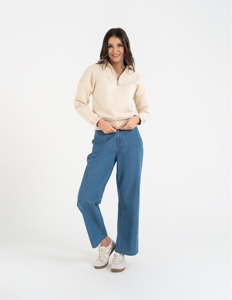 Bluzy damskie - Damska bluza dresowa ze stójką i zamkiem ocieplana BEŻOWY  - produkt moraj.pl 10