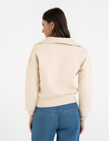 Bluzy damskie - Damska bluza dresowa ze stójką i zamkiem ocieplana BEŻOWY - produkt 8