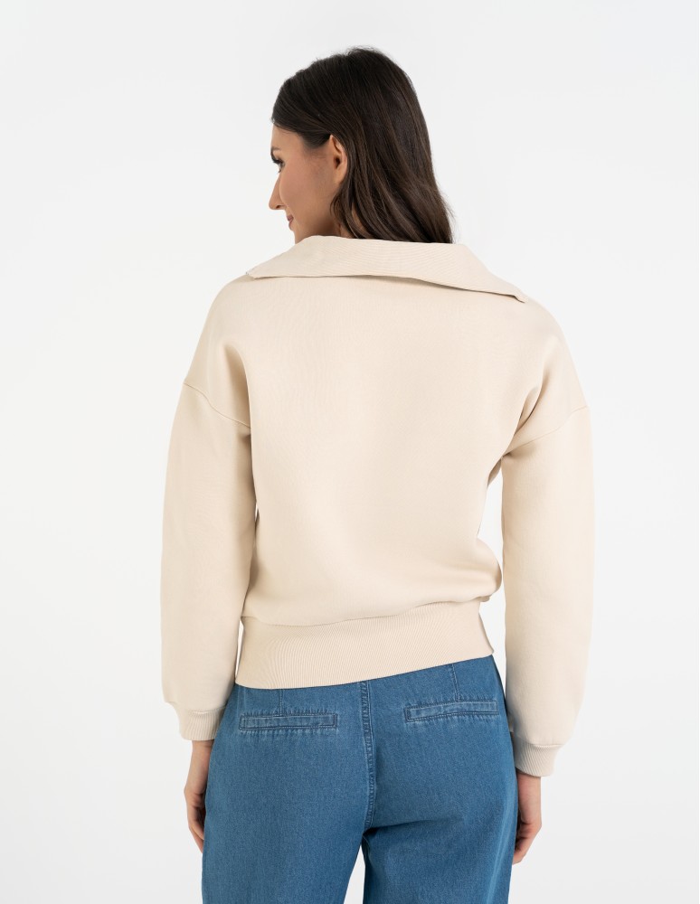 Bluzy damskie - Damska bluza dresowa ze stójką i zamkiem ocieplana BEŻOWY  - produkt moraj.pl 8