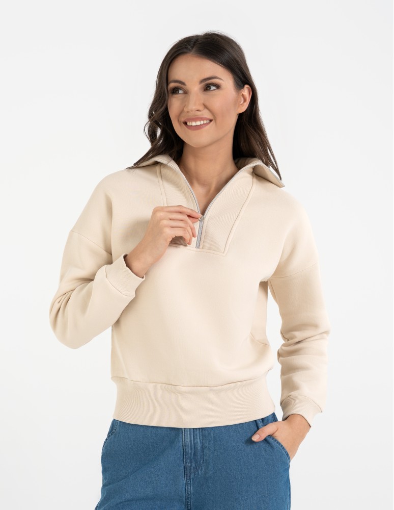 Bluzy damskie - Damska bluza dresowa ze stójką i zamkiem ocieplana BEŻOWY - produkt moraj.pl 1