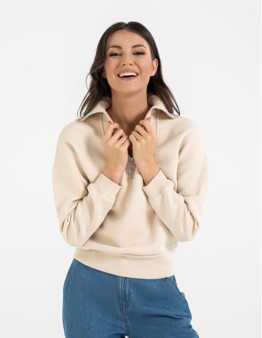 Bluzy damskie - Damska bluza dresowa ze stójką i zamkiem ocieplana BEŻOWY - produkt 7
