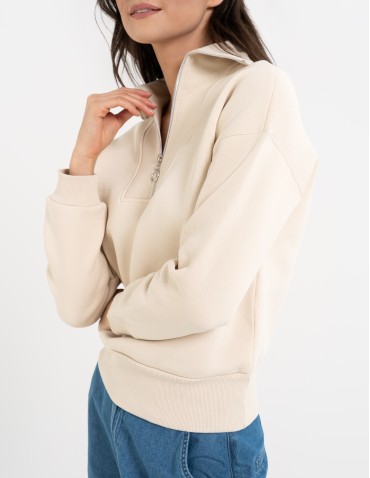 Bluzy damskie - Damska bluza dresowa ze stójką i zamkiem ocieplana BEŻOWY - produkt 4