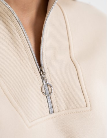 Bluzy damskie - Damska bluza dresowa ze stójką i zamkiem ocieplana BEŻOWY - produkt 2