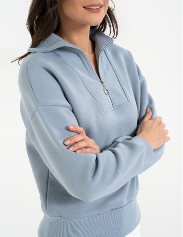 Damska bluza dresowa ze stójką i zamkiem ocieplana - NIEBIESKI