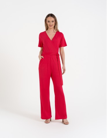 Kombinezon damski z kopertowym dekoltem i paskiem - FUKSJA  - produkt 2