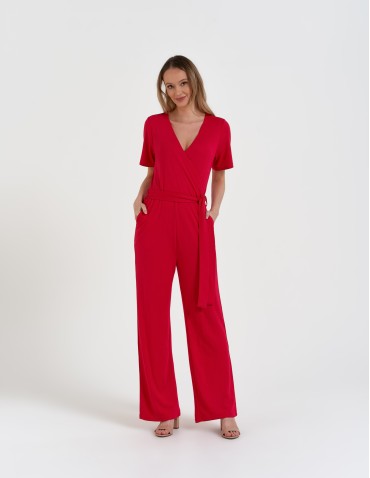 Kombinezony - Kombinezon damski z kopertowym dekoltem i paskiem FUKSJA - produkt 6