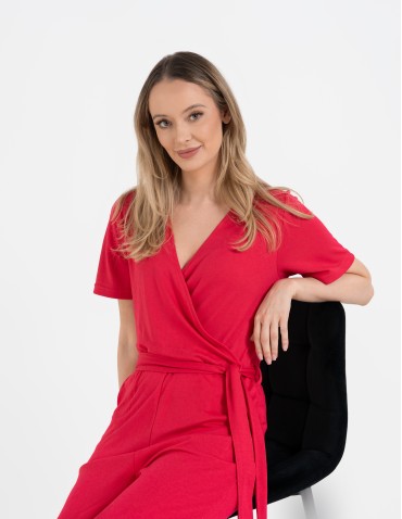 Kombinezony - Kombinezon damski z kopertowym dekoltem i paskiem FUKSJA - produkt 9