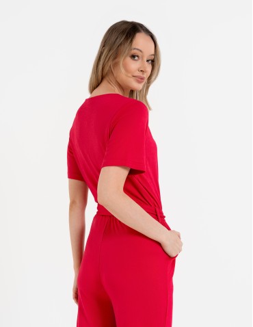 Kombinezony - Kombinezon damski z kopertowym dekoltem i paskiem FUKSJA - produkt 5