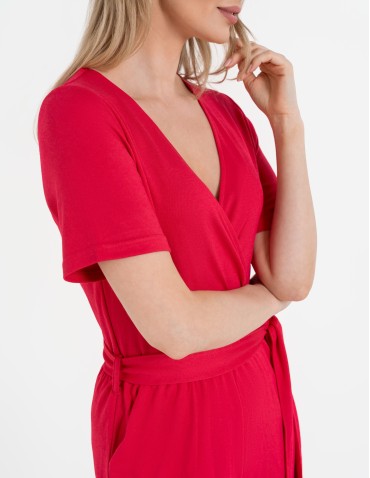 Kombinezony - Kombinezon damski z kopertowym dekoltem i paskiem FUKSJA - produkt 3