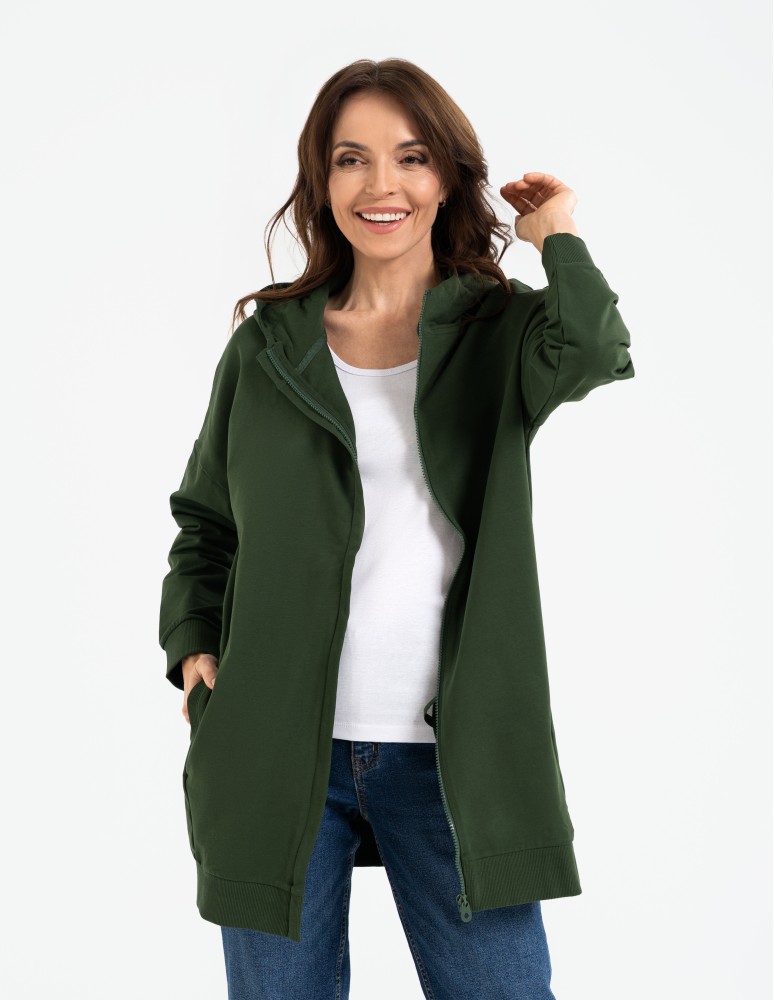Bluzy damskie - Bluza damska dresowa długa z kapturem i zamkiem ZIELONY  - produkt moraj.pl 2