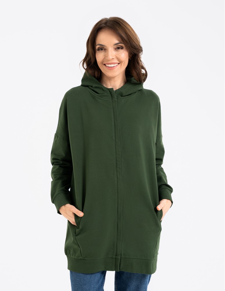 Bluzy damskie - Bluza damska dresowa długa z kapturem i zamkiem ZIELONY  - produkt moraj.pl 3