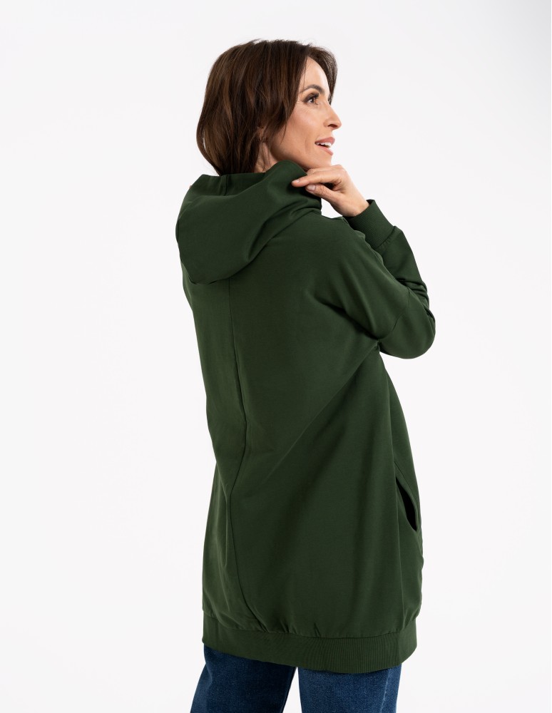 Bluzy damskie - Bluza damska dresowa długa z kapturem i zamkiem ZIELONY  - produkt moraj.pl 7