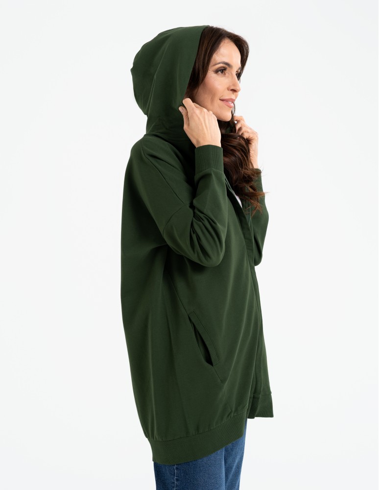 Bluzy damskie - Bluza damska dresowa długa z kapturem i zamkiem ZIELONY  - produkt moraj.pl 5