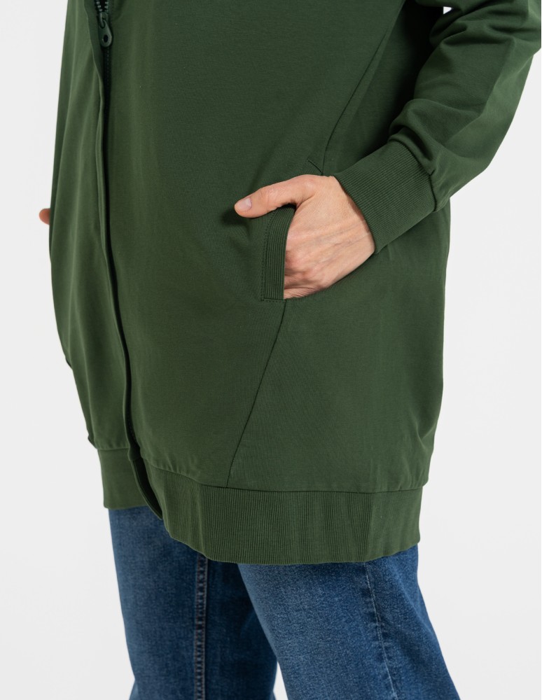 Bluzy damskie - Bluza damska dresowa długa z kapturem i zamkiem ZIELONY  - produkt moraj.pl 6