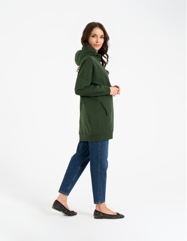 Bluzy damskie - Bluza damska dresowa długa z kapturem i zamkiem ZIELONY - produkt 9