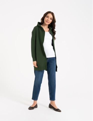 Bluzy damskie - Bluza damska dresowa długa z kapturem i zamkiem ZIELONY - produkt 11