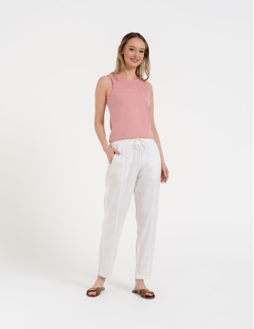 Spodnie damskie lniane z gumką w pasie - BIAŁY
