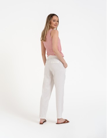 Spodnie damskie - Spodnie damskie lniane z gumką w pasie BIAŁY - produkt 3