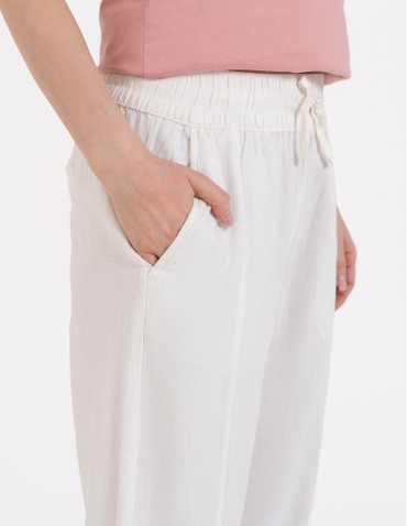 Spodnie damskie lniane z gumką w pasie - BIAŁY - produkt 2