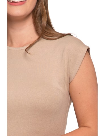 Bluzki i koszule - Bluzka damska prążkowana z krótkim rękawem cap sleeve BEŻOWY - produkt 34