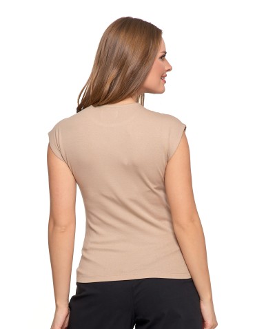 Bluzki i koszule - Bluzka damska prążkowana z krótkim rękawem cap sleeve BEŻOWY - produkt 36