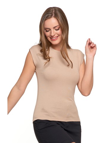 Bluzki i koszule - Bluzka damska prążkowana z krótkim rękawem cap sleeve BEŻOWY - produkt 37