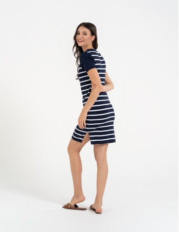 Sukienki i kombinezony - Sukienka damska dzianinowa w paski z krótkim rękawem GRANATOWY - produkt 11