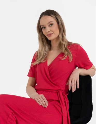 Kombinezony - Kombinezon damski z kopertowym dekoltem i paskiem FUKSJA - produkt 14