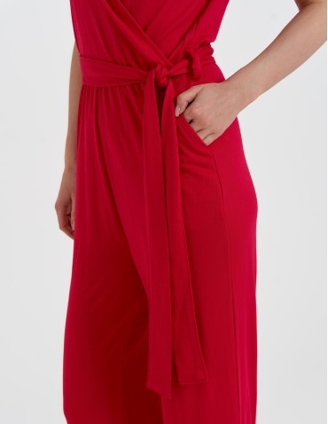 Kombinezony - Kombinezon damski z kopertowym dekoltem i paskiem FUKSJA - produkt 16