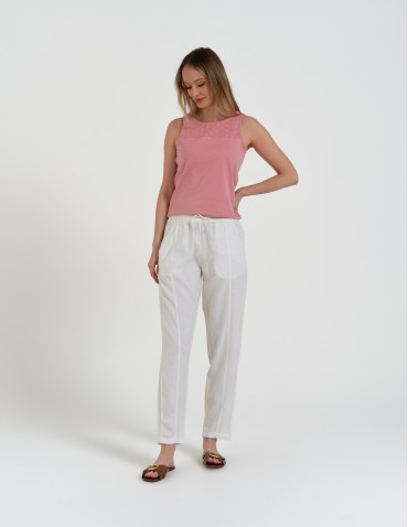 Spodnie damskie - Spodnie damskie lniane z gumką w pasie BIAŁY - produkt 13