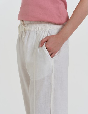 Spodnie damskie - Spodnie damskie lniane z gumką w pasie BIAŁY - produkt 16