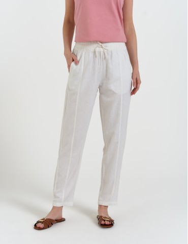 Spodnie damskie - Spodnie damskie lniane z gumką w pasie BIAŁY - produkt 17
