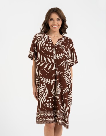 Sukienka damska midi wiskozowa o luźniejszym kroju z motywem roślinnym