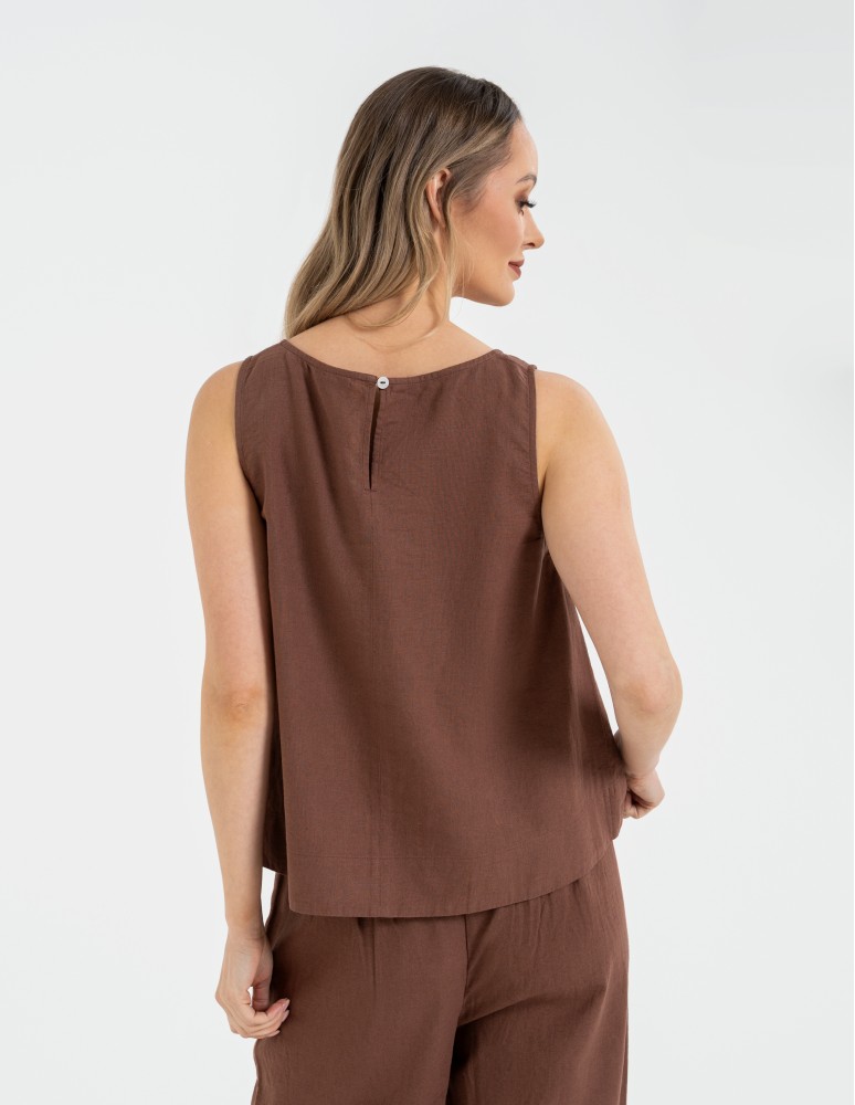 Bluzki bez rękawów - Bluzka damska lniana bez rękawów o luźnym kroju BRĄZOWY - produkt moraj.pl 4