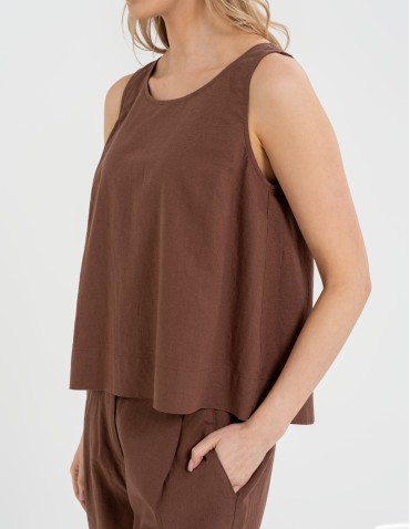 Bluzki bez rękawów - Bluzka damska lniana bez rękawów o luźnym kroju BRĄZOWY - produkt 3