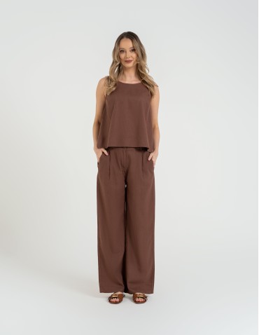 Bluzki bez rękawów - Bluzka damska lniana bez rękawów o luźnym kroju BRĄZOWY - produkt 7