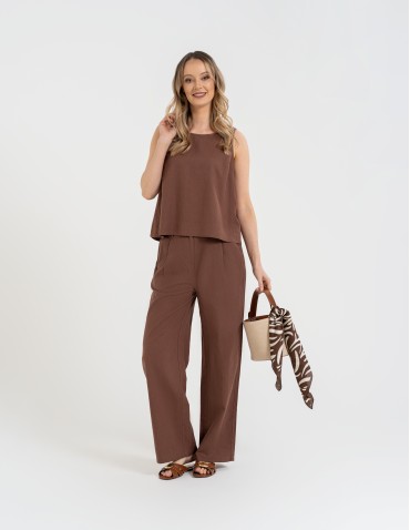 Bluzki bez rękawów - Bluzka damska lniana bez rękawów o luźnym kroju BRĄZOWY - produkt 5