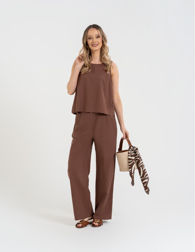 Bluzki bez rękawów - Bluzka damska lniana bez rękawów o luźnym kroju BRĄZOWY - produkt moraj.pl 5