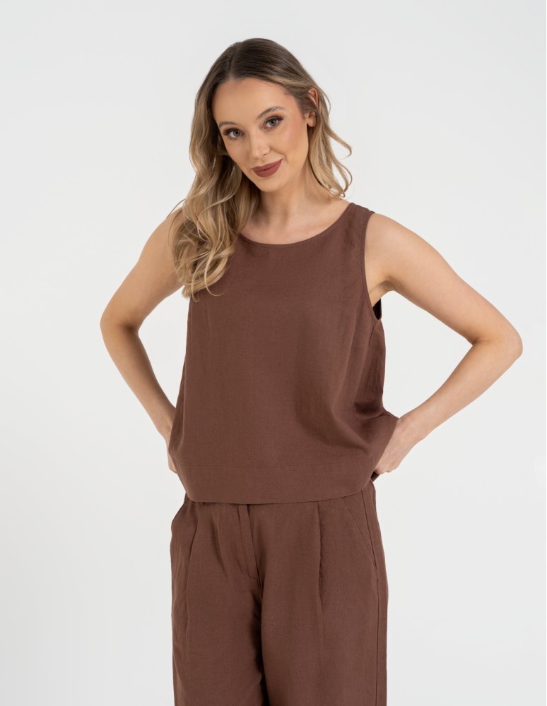 Bluzki bez rękawów - Bluzka damska lniana bez rękawów o luźnym kroju BRĄZOWY - produkt moraj.pl 9