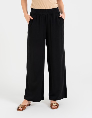 Spodnie materiałowe - Spodnie damskie z wiskozy z szeroką nogawką i kieszeniami CZARNY - produkt 4