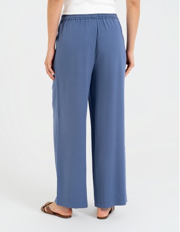 Spodnie materiałowe - Spodnie damskie z wiskozy z szeroką nogawką i kieszeniami NIEBIESKI - produkt 4