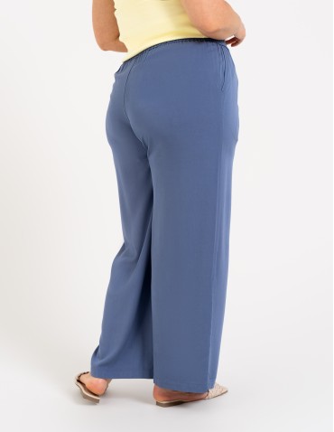 Spodnie materiałowe - Spodnie damskie z wiskozy z szeroką nogawką i kieszeniami NIEBIESKI - produkt 8