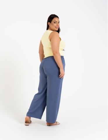 Spodnie materiałowe - Spodnie damskie z wiskozy z szeroką nogawką i kieszeniami NIEBIESKI - produkt 9