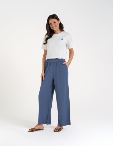 Spodnie materiałowe - Spodnie damskie z wiskozy z szeroką nogawką i kieszeniami NIEBIESKI - produkt 1