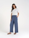 Spodnie damskie z wiskozy z szeroką nogawką i kieszeniami NIEBIESKI